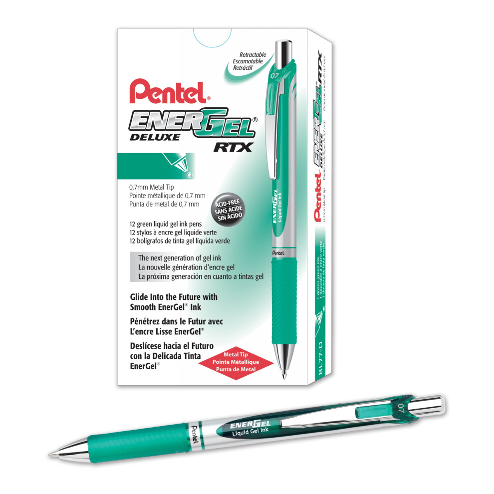 Pentel EnerGel RTX Gel Ink Pen  0.7 Millimeter Metal Tip  Green Ink  1 Each (BL77-D)  Box of 12