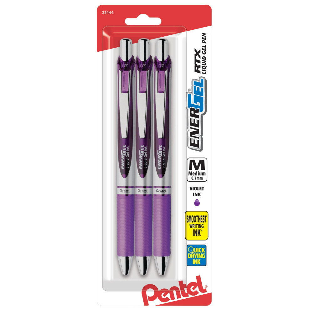 Pentel EnerGel Deluxe RTX Gel Pens  Medium Point  0.7 mm  Assorted Barrels  Violet Ink  Pack Of 3