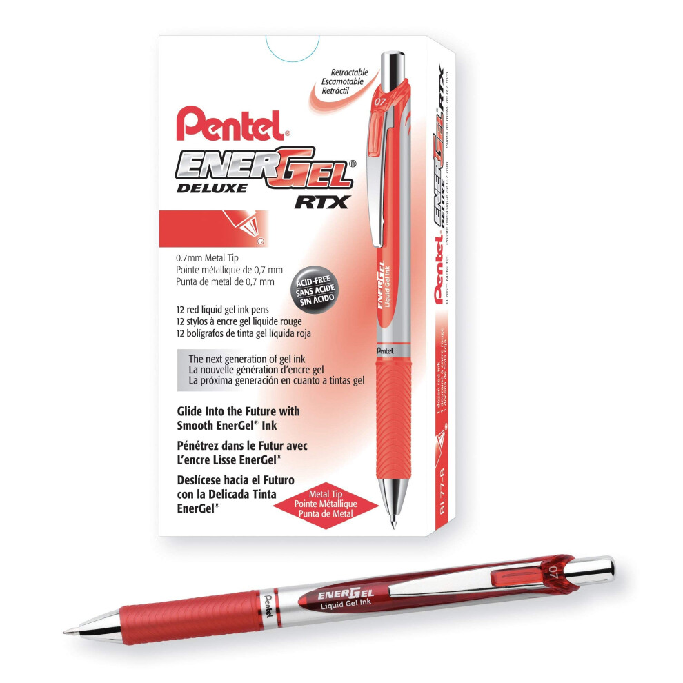 Pentel EnerGel Deluxe RTX Gel Pen  Medium Metal Tip  Red/Silver Barrel  Red Ink  Box of 12 (BL77-B)