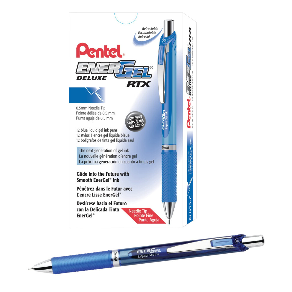 Pentel EnerGel RTX Retractable Liquid Gel Pens  Fine Point  0.5 mm  54% Recycled  Assorted Barrel Colors  Blue Ink  Pack Of 12 Pens