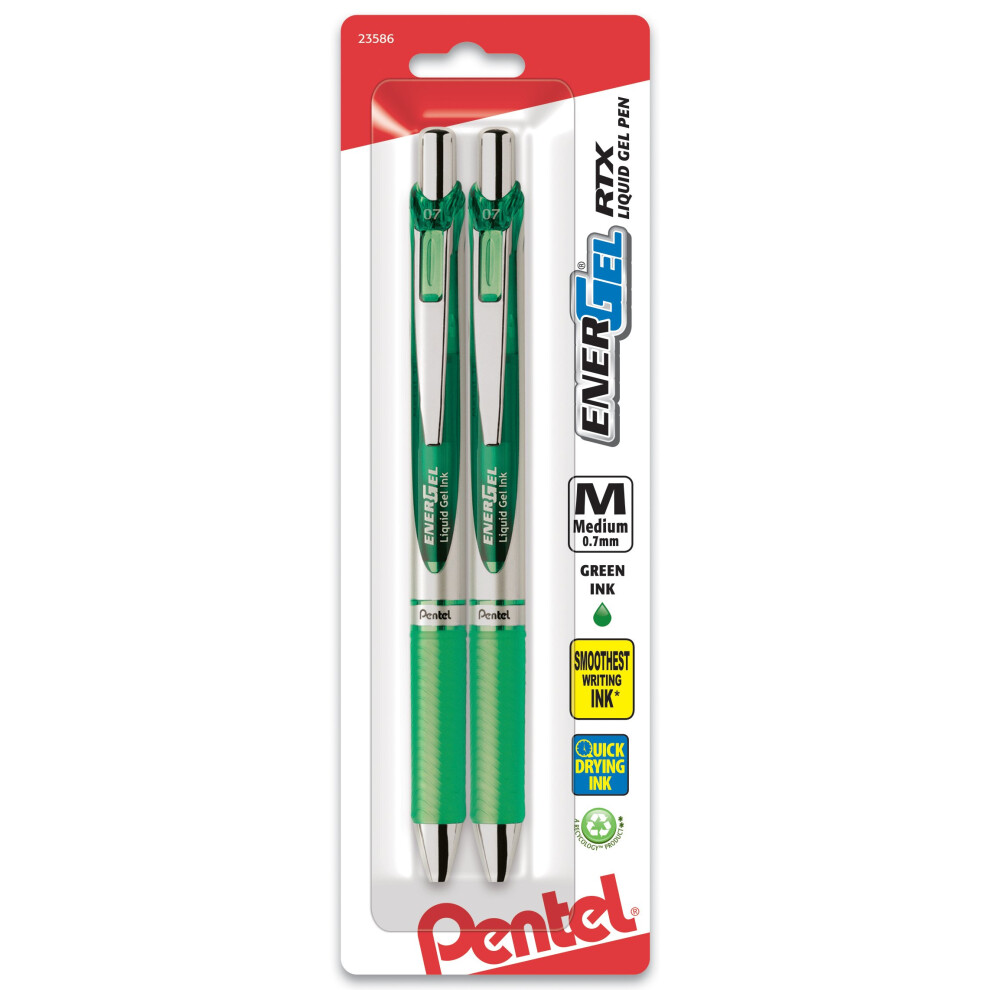 Pentel EnerGel RTX Retractable Liquid Gel Pen  (0.7mm)  Medium Line  Metal Tip  Green Ink  Pack of 2 (BL77BP2D)