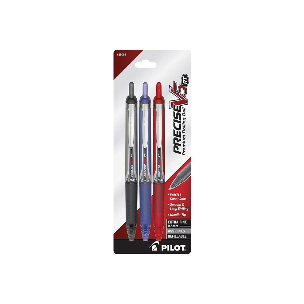 PILOT Precise V5 RT Refillable & Retractable Liquid Ink Rolling Ball Pens  Extra Fine Point (0.5mm) Black/Blue/Red Inks  3-Pack (26053)