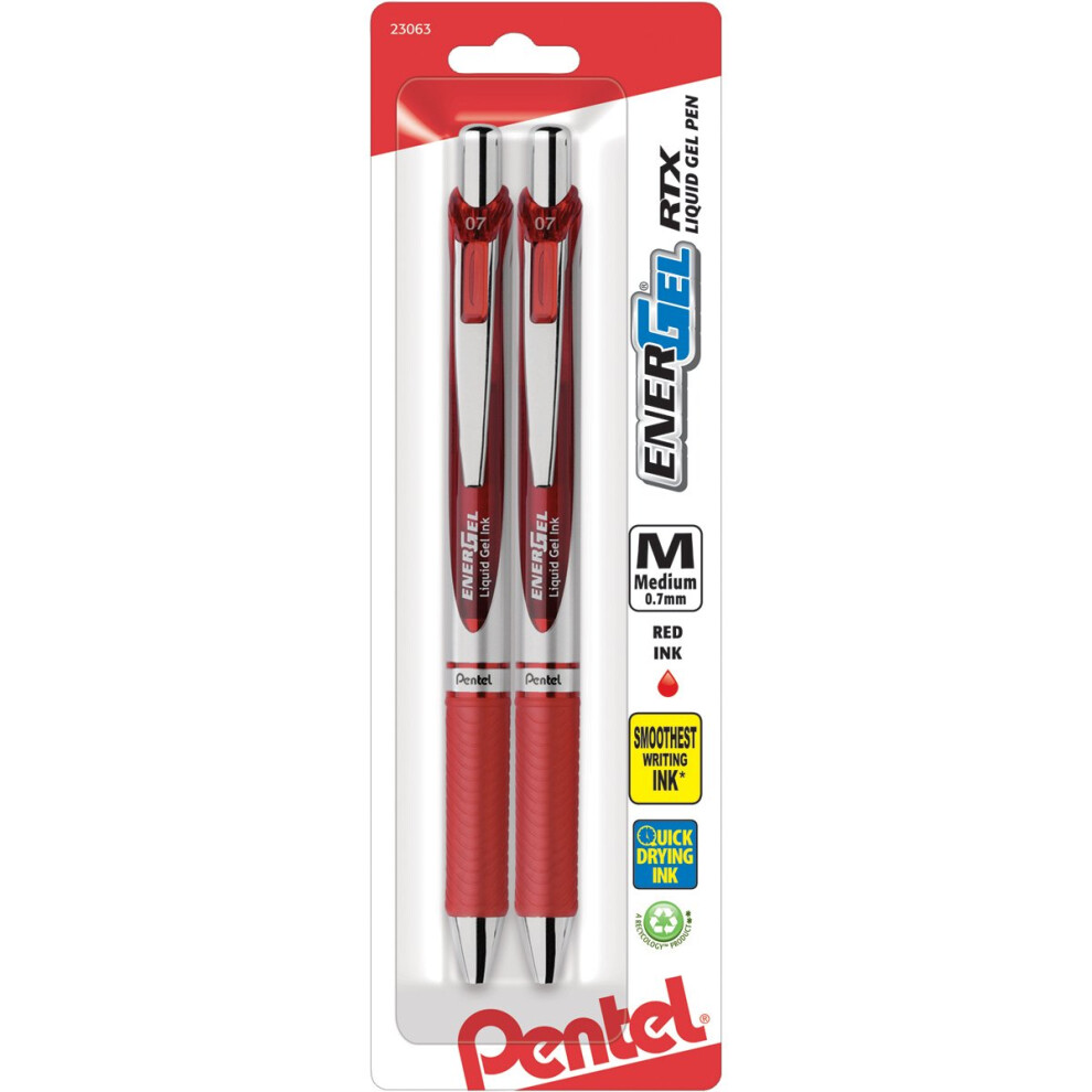 Pentel EnerGel Deluxe RTX Retractable Liquid Gel Pen  (0.7mm)  Metal Tip  Red Ink  2 Pack (BL77BP2B)