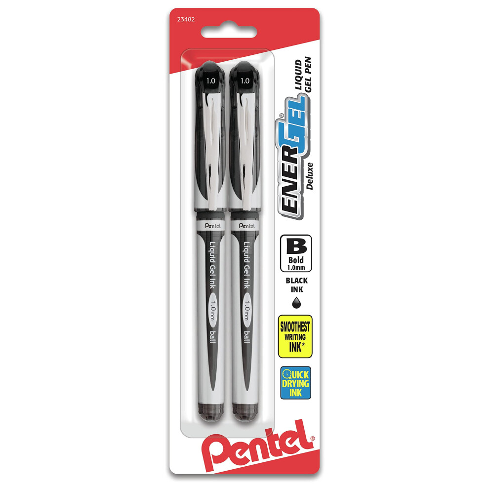 Pentel EnerGel Gel Ink Pen  (1.0mm)  Bold Point  Metal Tip  Black Ink  2 Pack (BL60BP2A)