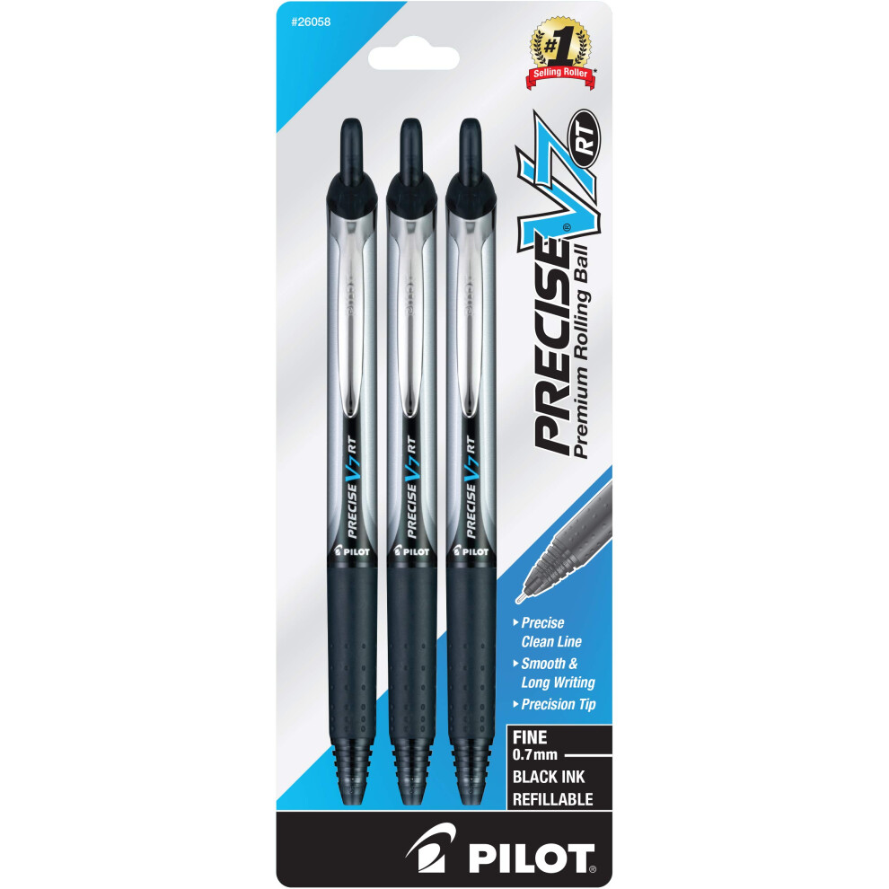 PILOT Precise V7 RT Refillable & Retractable Liquid Ink Rolling Ball Pens  Fine Point (0.7mm) Black Ink  3-Pack (26058)