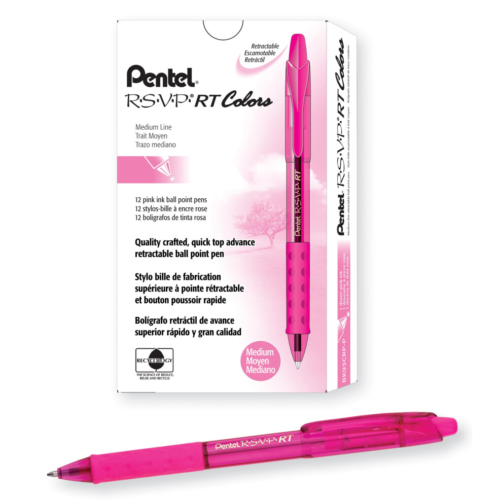 Pentel RSVP RT Colors Retractable Ballpoint Pen  (1.0mm) Medium Line  Barrel  Pink Ink  Box of 12 (BK93CRP-P)