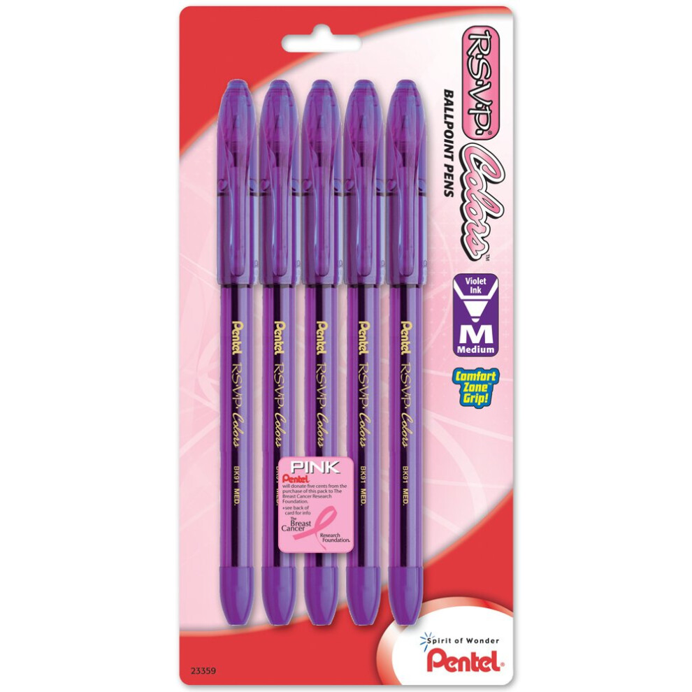 Pentel R.S.V.P. Colors Ballpoint Pen  1.0mm  Medium Line  Violet Ink  5 Pack (BK91CRBP5V)   Black