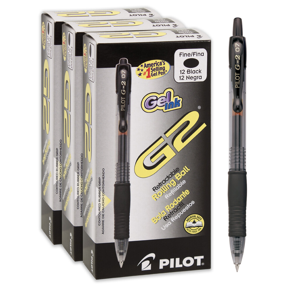 PILOT G2 Premium Refillable & Retractable Rolling Ball Gel Pens  Fine Point  Black Ink  12-Pack Box (Pack of 3) (46052)