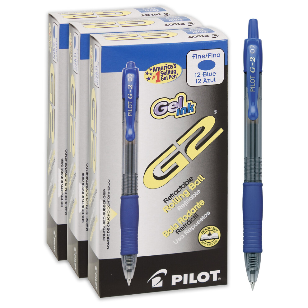 PILOT G2 Premium Refillable & Retractable Rolling Ball Gel Pens  Fine Point  Blue Ink  12-Pack Box (Pack of 3) (46053)