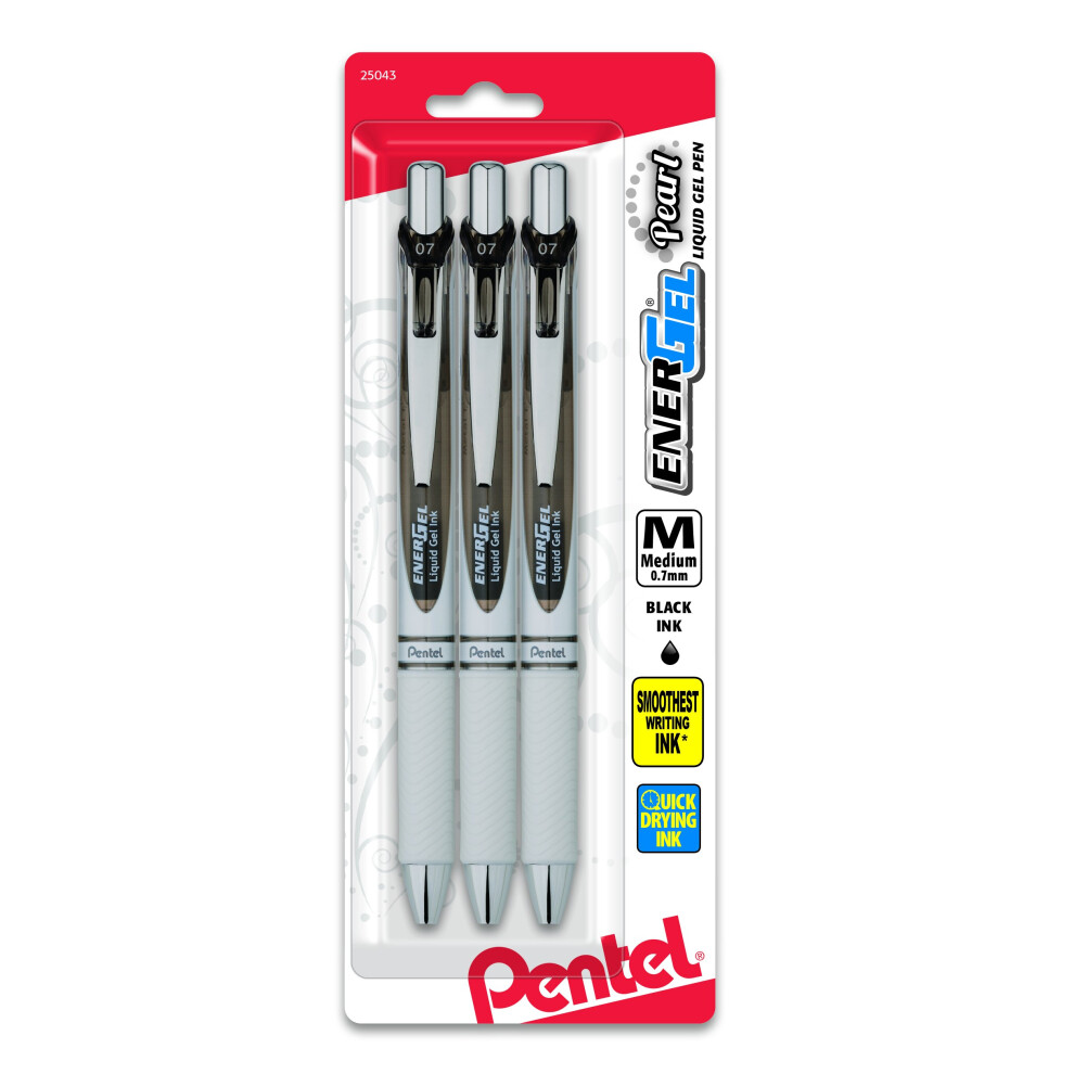 Pentel EnerGel Pearl Retractable Gel Pen  (0.7mm) Metal Tip  Medium Point  Accent  Black Ink 3-PK