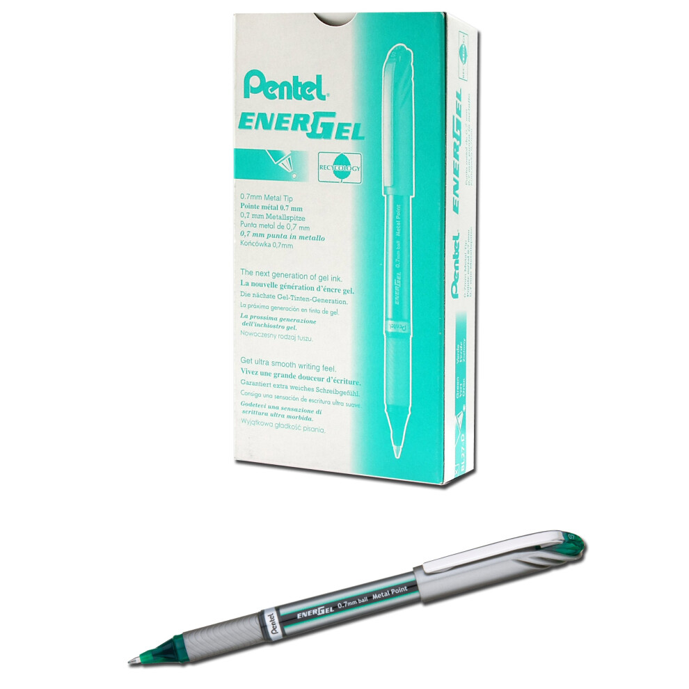 Pentel EnerGel NV Gel Ink Pen  (0.7mm)  Medium Point Capped  Metal Tip  Green Ink  Box of 12 (BL27-D)