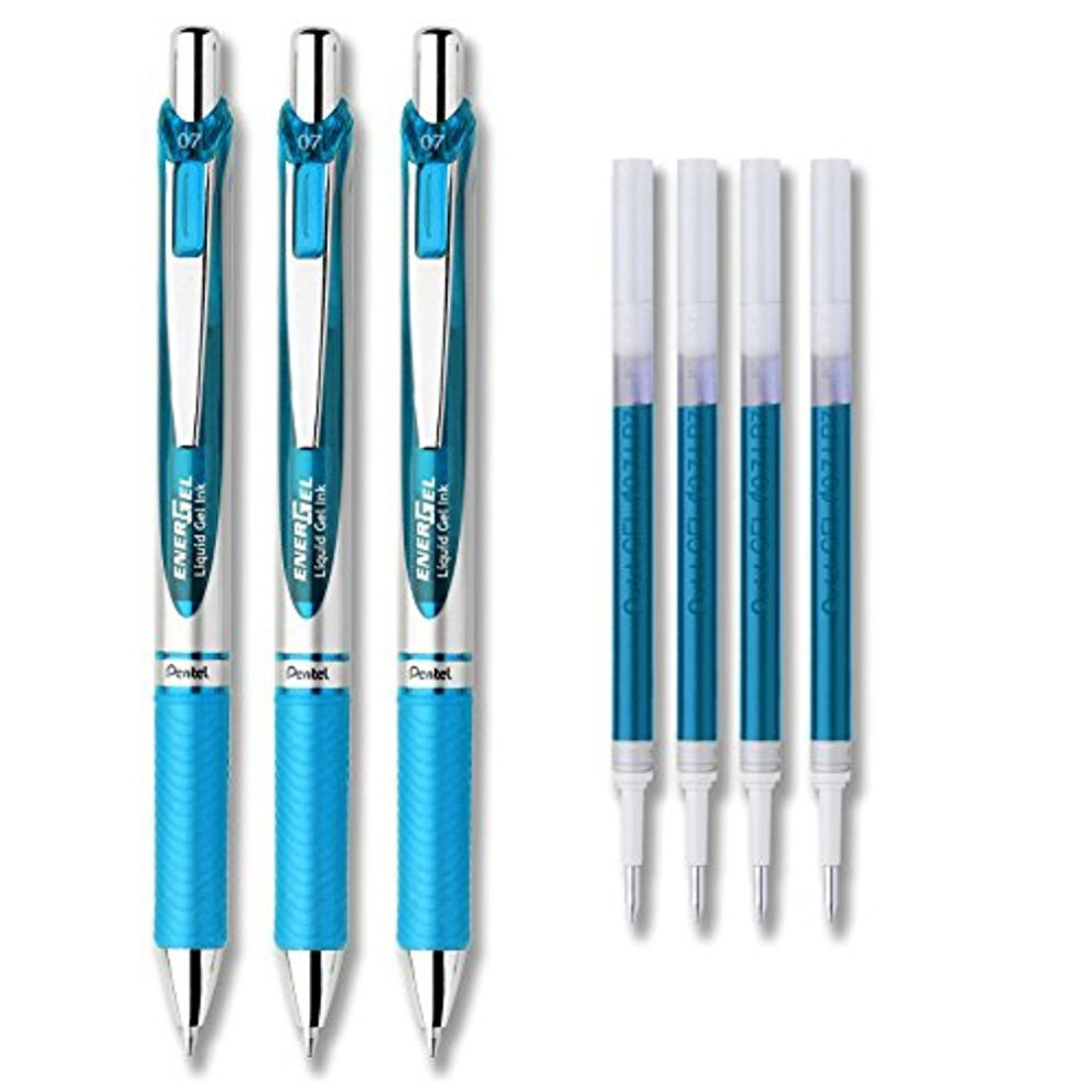 Pentel EnerGel Deluxe RTX Liquid Gel Ink Pen Set Kit  Pack of 3 with 0.7mm Pen with 4 Refills (Sky Blue - 0.5mm)