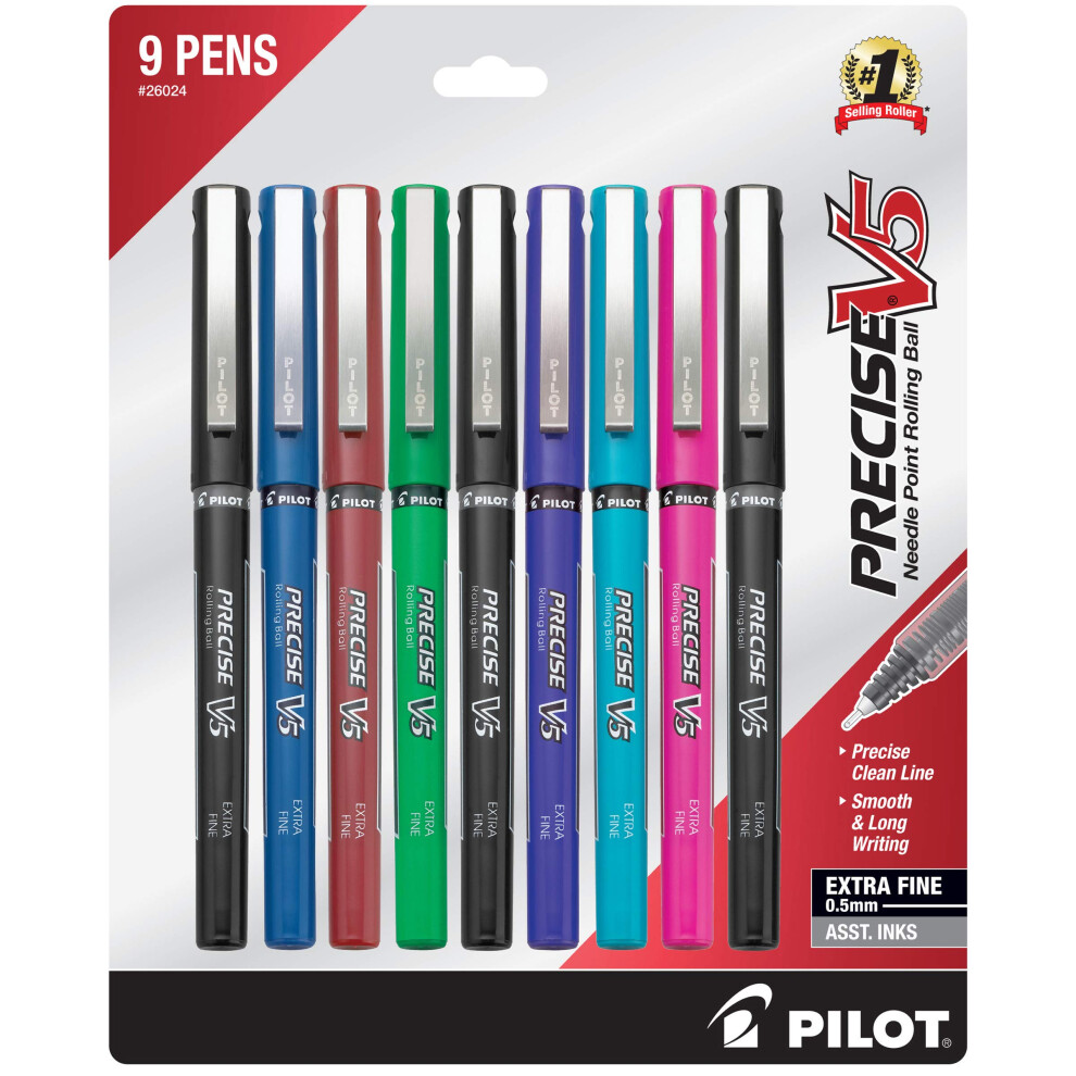 PILOT Precise V5 Stick Liquid Ink Rolling Ball Stick Pens  Extra Fine Point (0.5mm) Assorted Ink Colors  9-Pack (26024)