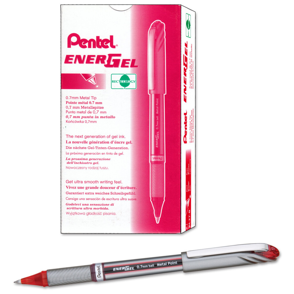 Pentel EnerGel NV Gel Ink Pen  (0.7mm)  Medium Point Capped  Metal Tip  Red Ink  Box of 12 (BL27-B)