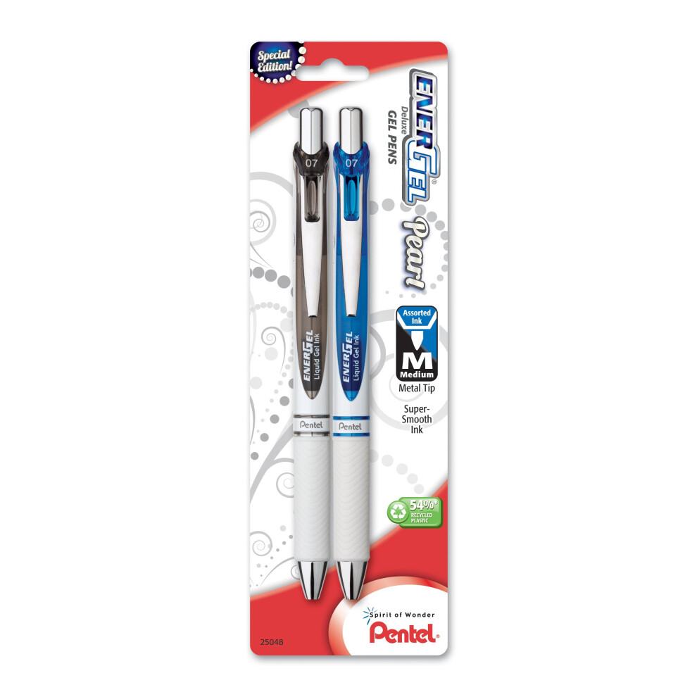 Pentel EnerGel Pearl Deluxe RTX Retractable Liquid Gel Pen  (0.7mm)  Black Ink/Blue Ink  2 Pack (BL77WBP2AC)