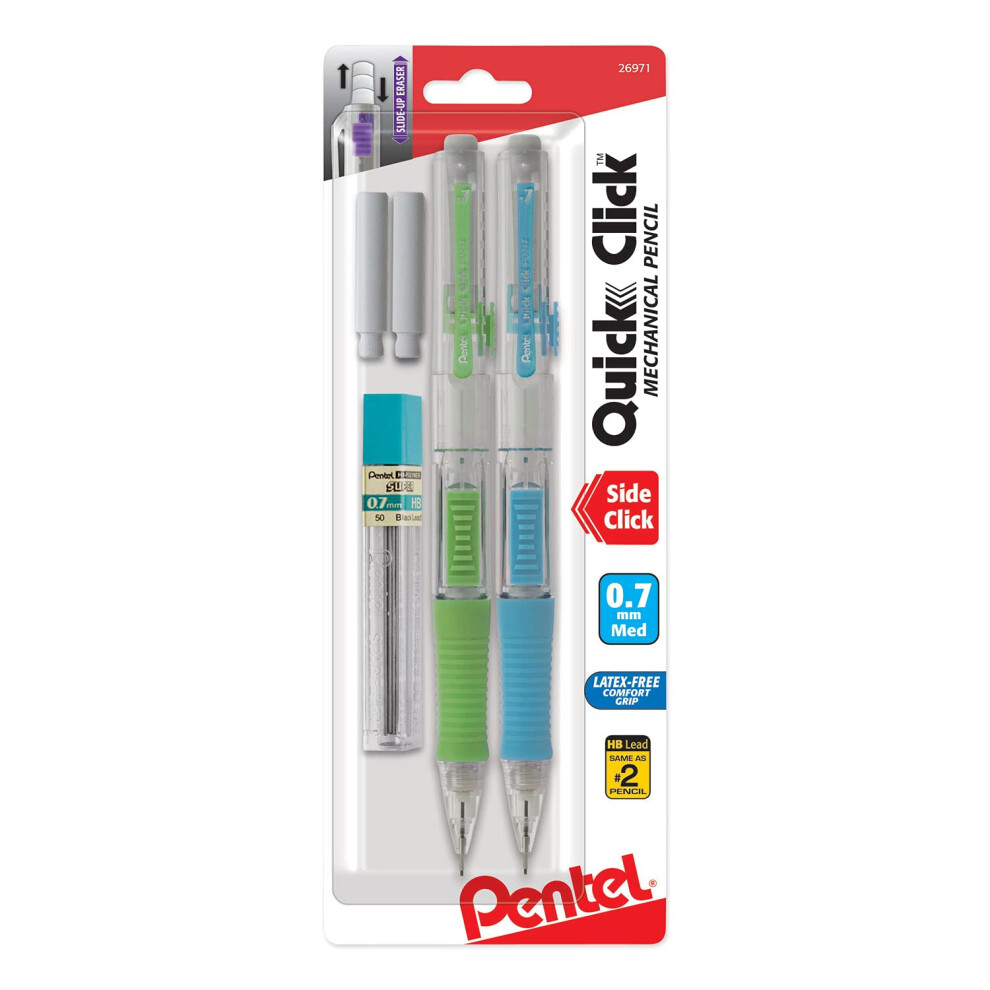 Pentel Quick Click Mechanical Pencil  0.7 Mm  Hb (#2.5)  Black Lead  Assorted Barrel Colors  2/pack