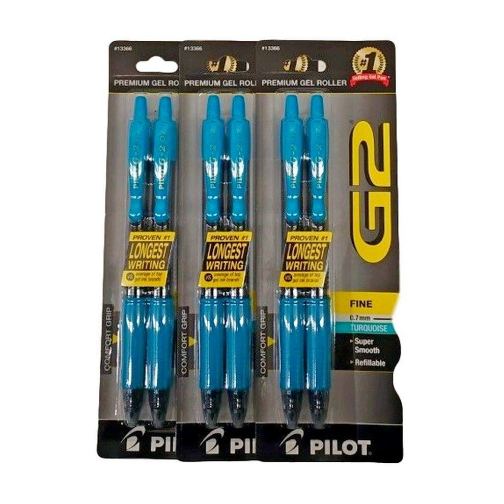 Pilot G2 Turquoise Pens with Turquoise Ink  Retractable Gel Ink Rolling Ball  0.7 mm  Fine Point  3 Pair  6 Total