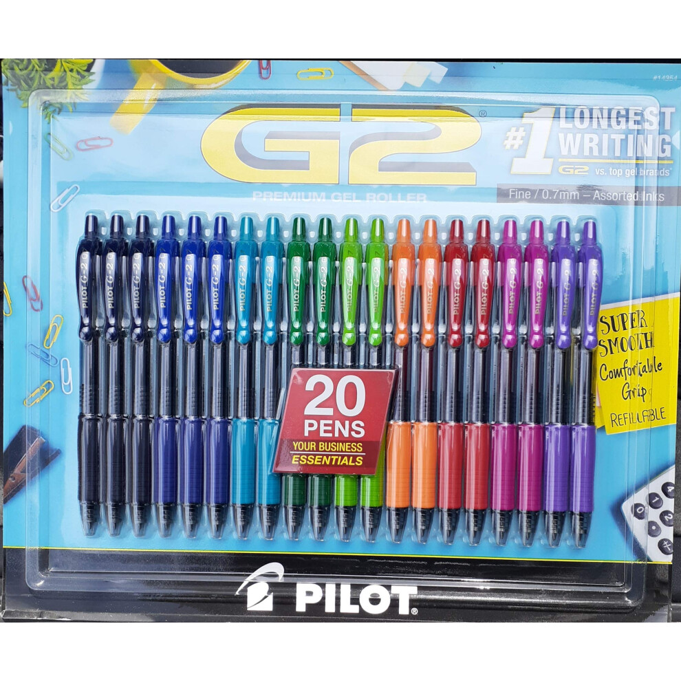 PILOT G2 Retractable Gel Pen  Fine Point 0.7mm  Assorted Ink Colors  20 ct