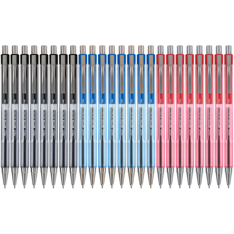 Pilot Better Ball Point Retractable Pen Assortment  Fine Point  8 Each Black  Blue  and Red (24 Pens Total)