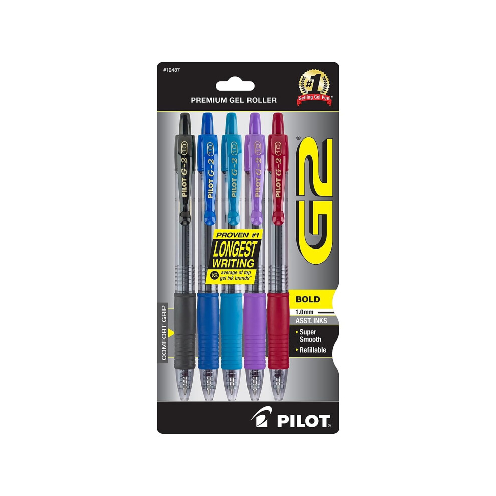 Pilot G2 Retractable Gel Pens  Bold Point  Assorted Ink  5/Pack (G21C5002/12487)