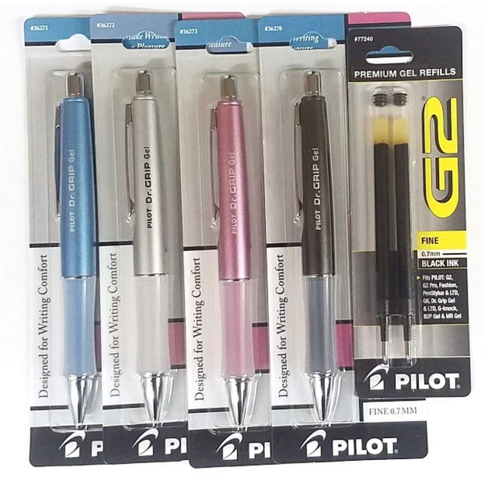 (4) Pilot Dr. Grip Limited Retractable Rolling Ball Gel Pen  Fine Point  Metallic Mauve Barrel  Metallic Ice Blue Barrel  Silver Barrel  Cha