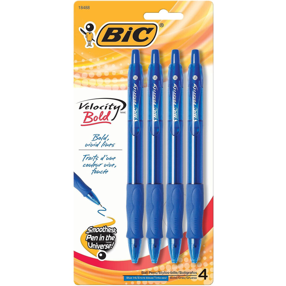 BIC VLGBP41-Blu Velocity Bold Retractable Ball Pen  Bold Point (1.6mm)  Blue  4-Count