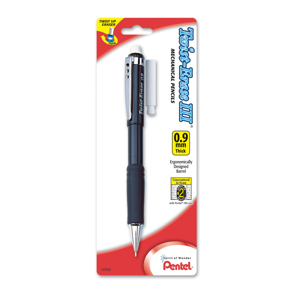 Pentel Twist-Erase III Automatic Pencil with 1 Eraser Refill  0.9mm  Assorted Barrels  1 Pack (QE519BP-K6)