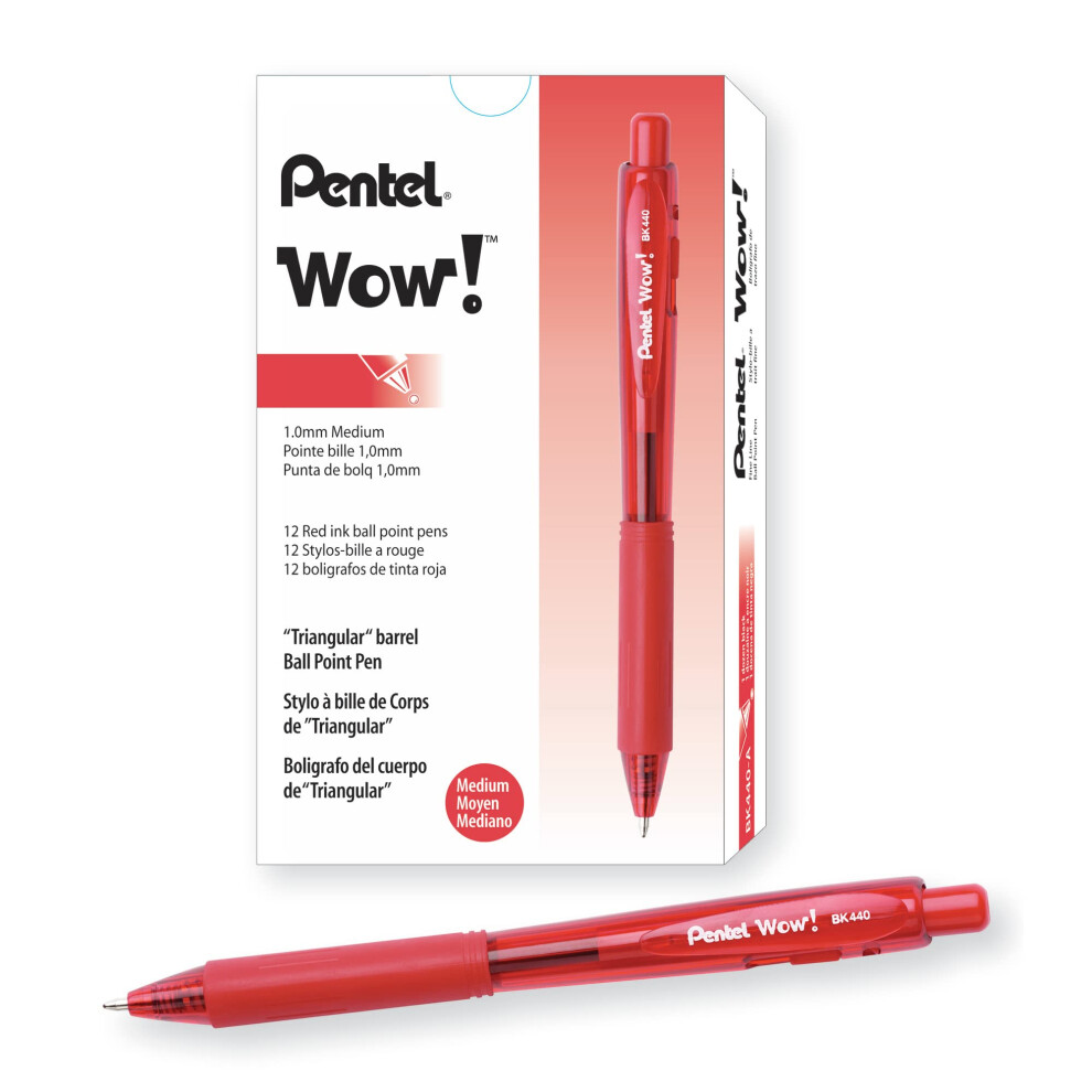 Pentel WOW! Retractable Ballpoint Pens  Medium Point  1.0 mm  Transparent Red Barrels  Red Ink  Pack Of 12