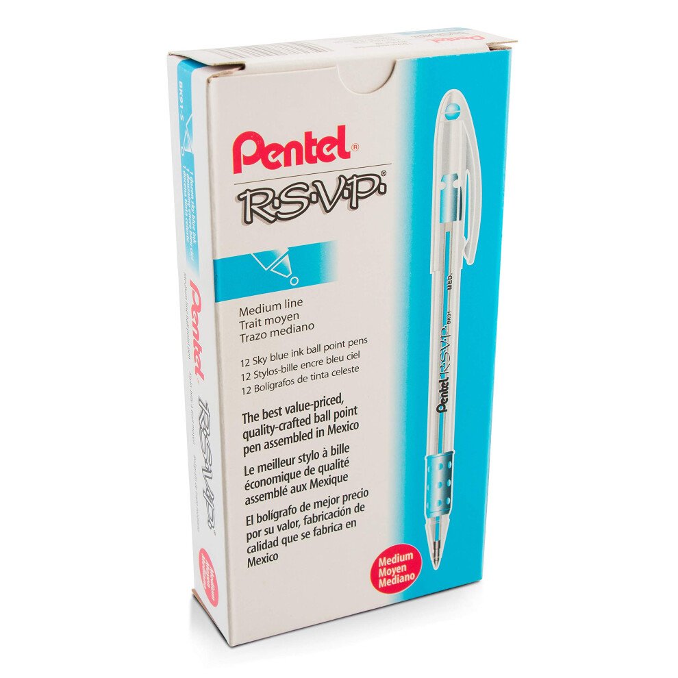 Pentel R.S.V.P. Ballpoint Pen  1.0mm Medium Tip  Sky Blue Ink  Box of 12 (BK91-S)