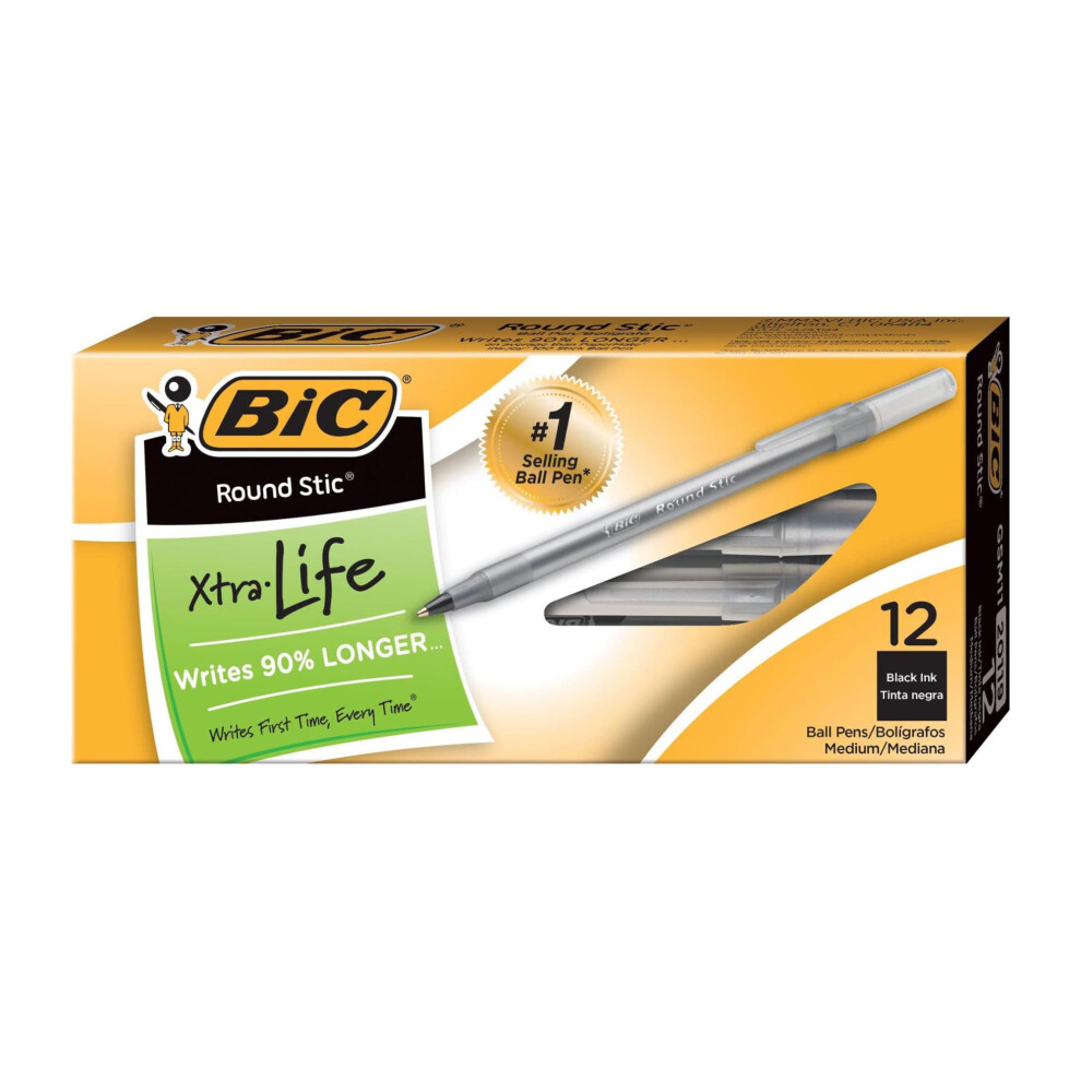 BIC(R) Round Stic(R) Ballpoint Pens  Medium Point  1.0 mm  Translucent Barrel  Black Ink  Pack of 12