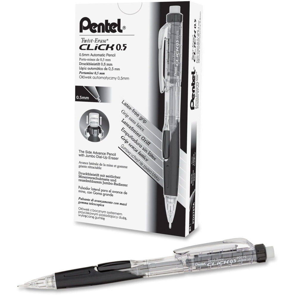 Pentel Twist-Erase Click Mechanical Pencil  2 Lead  0.5 mm  Refillable  Transparent Black Barrel