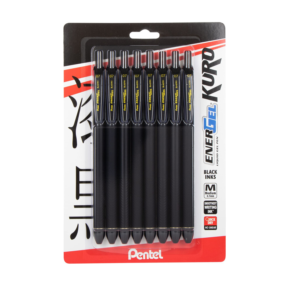 Pentel EnerGel Kuro Liquid Gel Pen  (0.7mm) Medium line  Black Ink  8 Pack