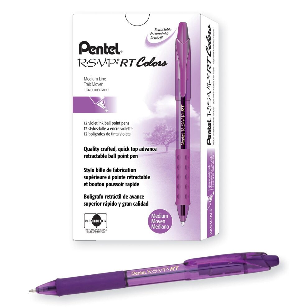 Pentel RSVP RT Colors Retractable Ballpoint Pen  (1.0mm) Medium Line  Barrel  Violet Ink  Box of 12 (BK93CRV-V)