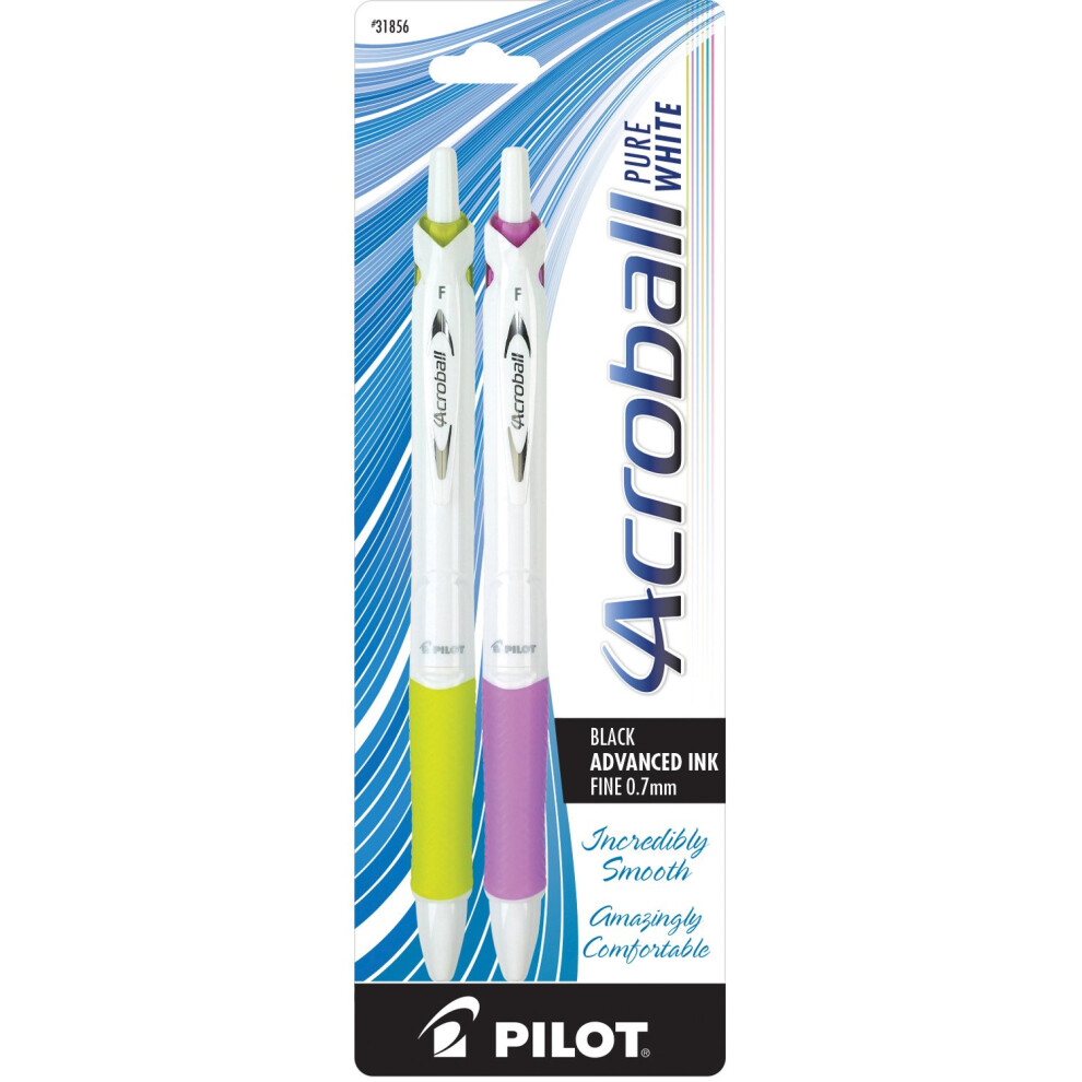 Pilot Acroball PureWhite Retractable Advanced Ink Ball Point Pens; Fine Point  Black Ink  Lime/Purple Accents  2-Pack (31856) Ultra-Smooth W