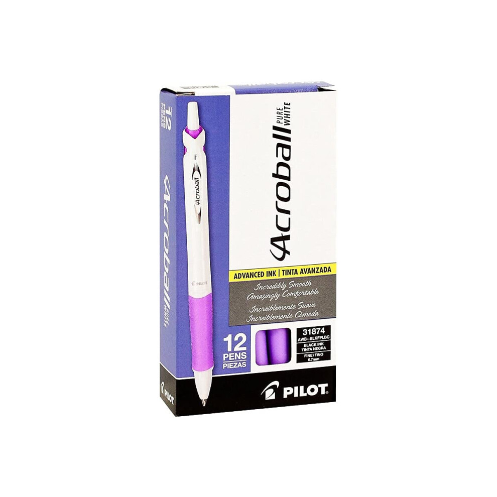 PILOT Acroball PureWhite Advanced Ink Refillable & Retractable Ball Point Pens with Purple Accents  Fine Point  Purple Ink  12-Pack (31854)