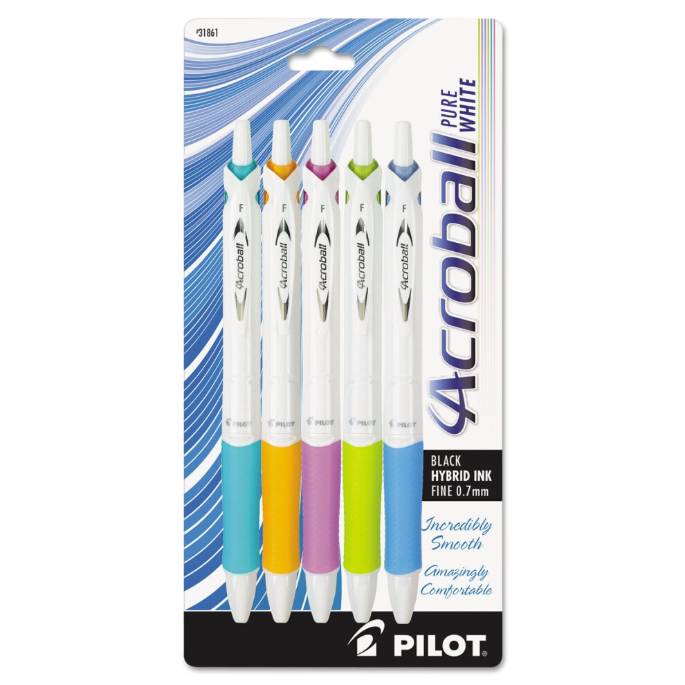 PILOT Acroball PureWhite Pen  0.7 mm  Black Ink  Turquoise/Orange/Purple/Lime/Blue  5/Pack (PIL31861)