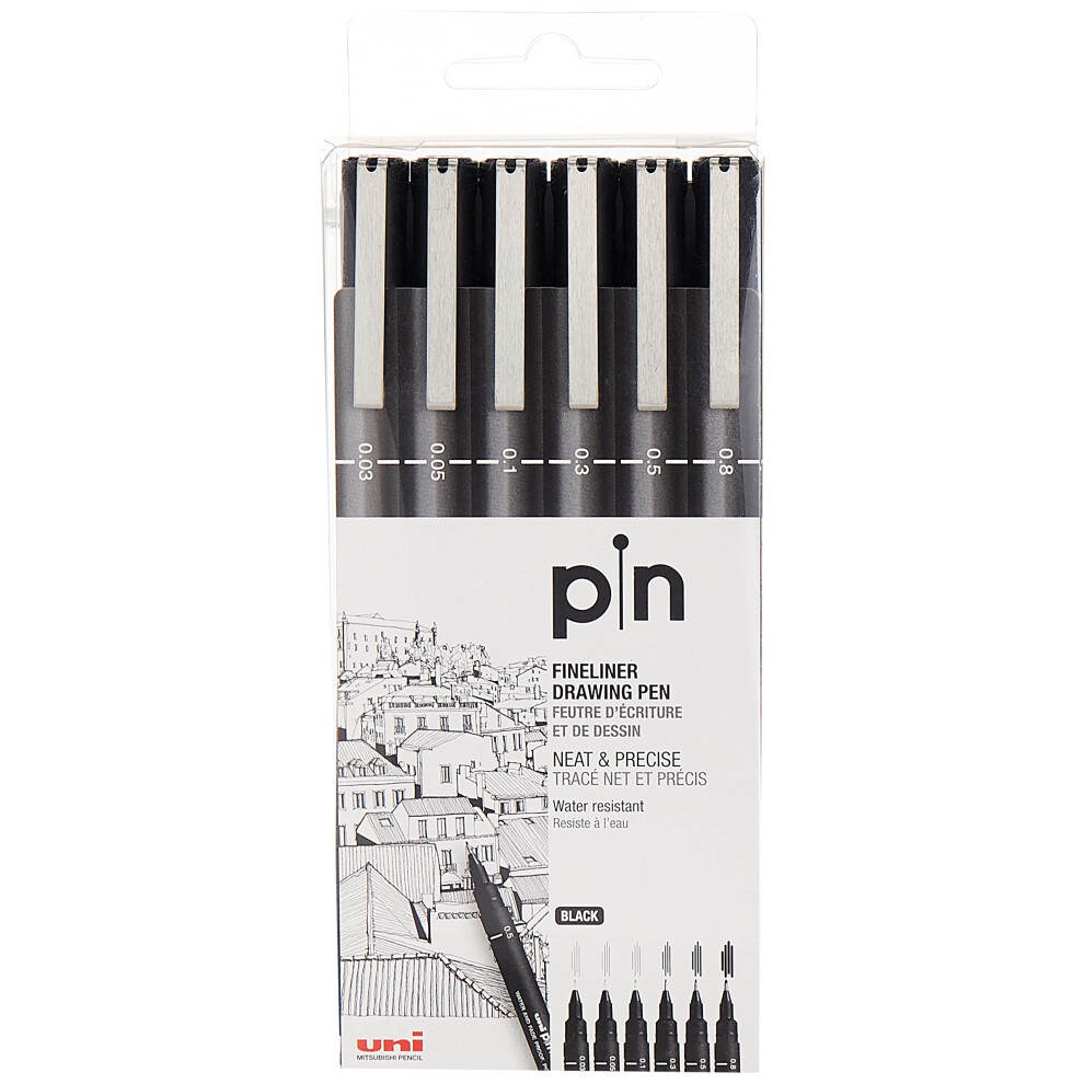 Uni Pin Fineliner Drawing Pen - Sketching Set - Black Ink - 0.03 to 0.8mm - Set of 6