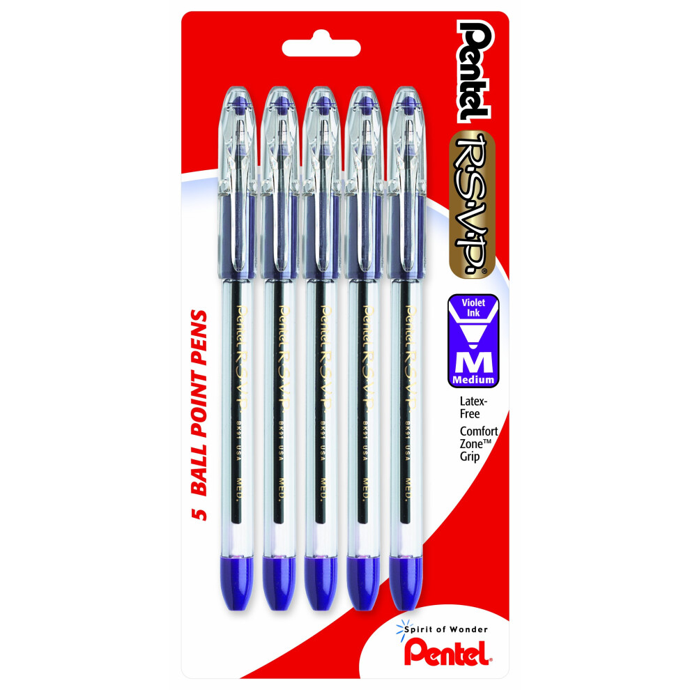 Pentel R.S.V.P. Ballpoint Pen  Medium Line  Violet Ink  5 Pack (BK91BP5V)