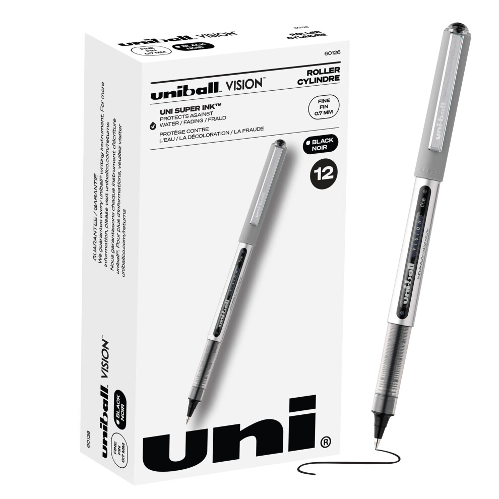 Uniball Vision Rollerball Pens  Black Pens Pack of 12 - 0.7mm Fine Point Medium Black Ink - Teacher Pen  Japanese Pens  Smooth Writing Pens