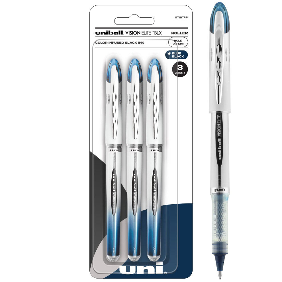 Uniball Vision Elite BLX Rollerball Pens  Blue/Black Pens Pack of 3  Bold Pens with 0.8mm Ink  Ink Black Pen  Pens Fine Point Smooth Writing