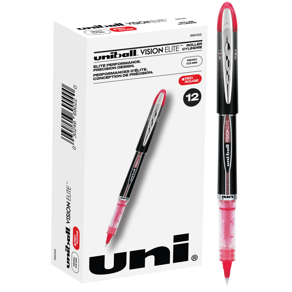 Uniball Vision Elite Rollerball Pens  Red Pens Pack of 12  Micro Pens with 0.5mm Ink  Ink Black Pen  Pens Fine Point Smooth Writing Pens  Bu