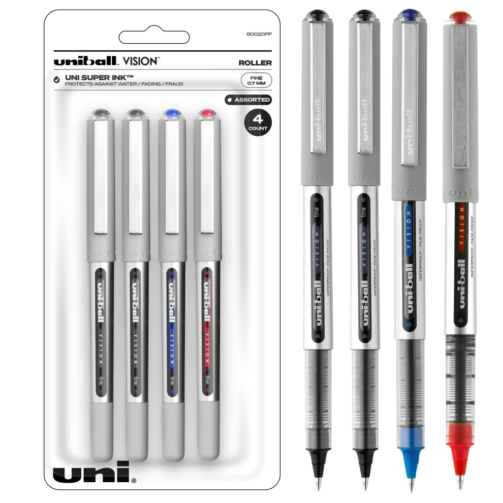 Uniball Vision Rollerball Pens - School Pens Pack of 4 - Fine Point Pens with 0.7mm Medium Business Ink  Ink Black Pen  Pens Fine Point Smoo