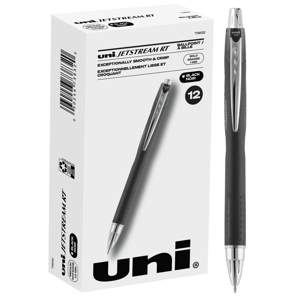 Uniball Jetstream RT 12 Pack  1.0mm Bold Black  Wirecutter Best Pen  School Pens  Ballpoint Ink Pens - School Supplies  Ballpoint Pen  Color