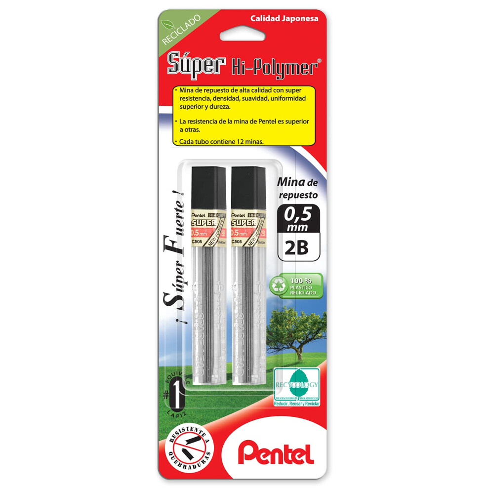 Pentel Super Hi-Polymer Lead Refill  0.5mm  Fine  HB  144 Pieces of Lead (C505-HB)   Black   12/Leads