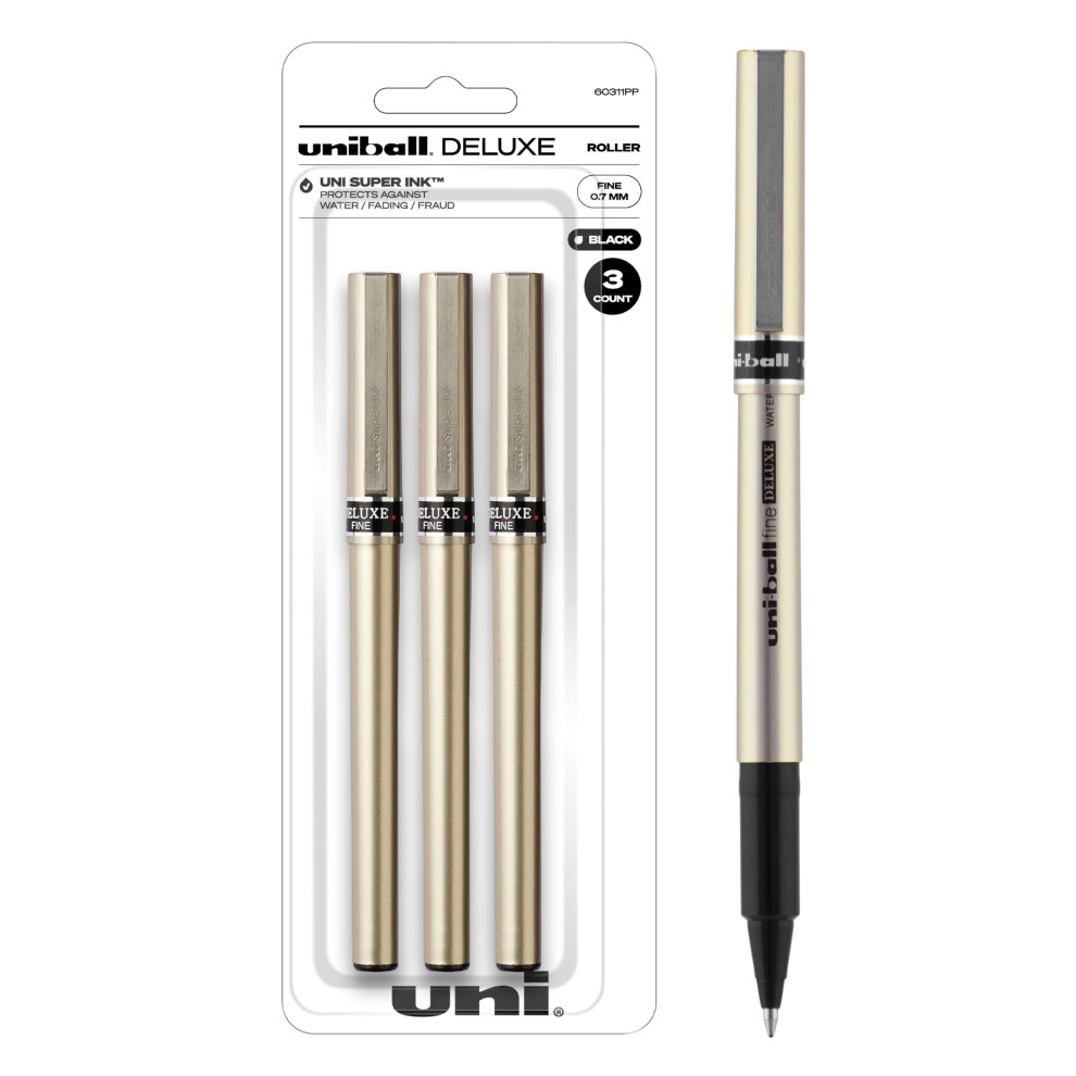 Uniball Deluxe 0.7mm Fine Point Rollerball Pen  3 Black - Smooth Writing  Waterproof Ink  Office Supplies  Ballpoint Pen