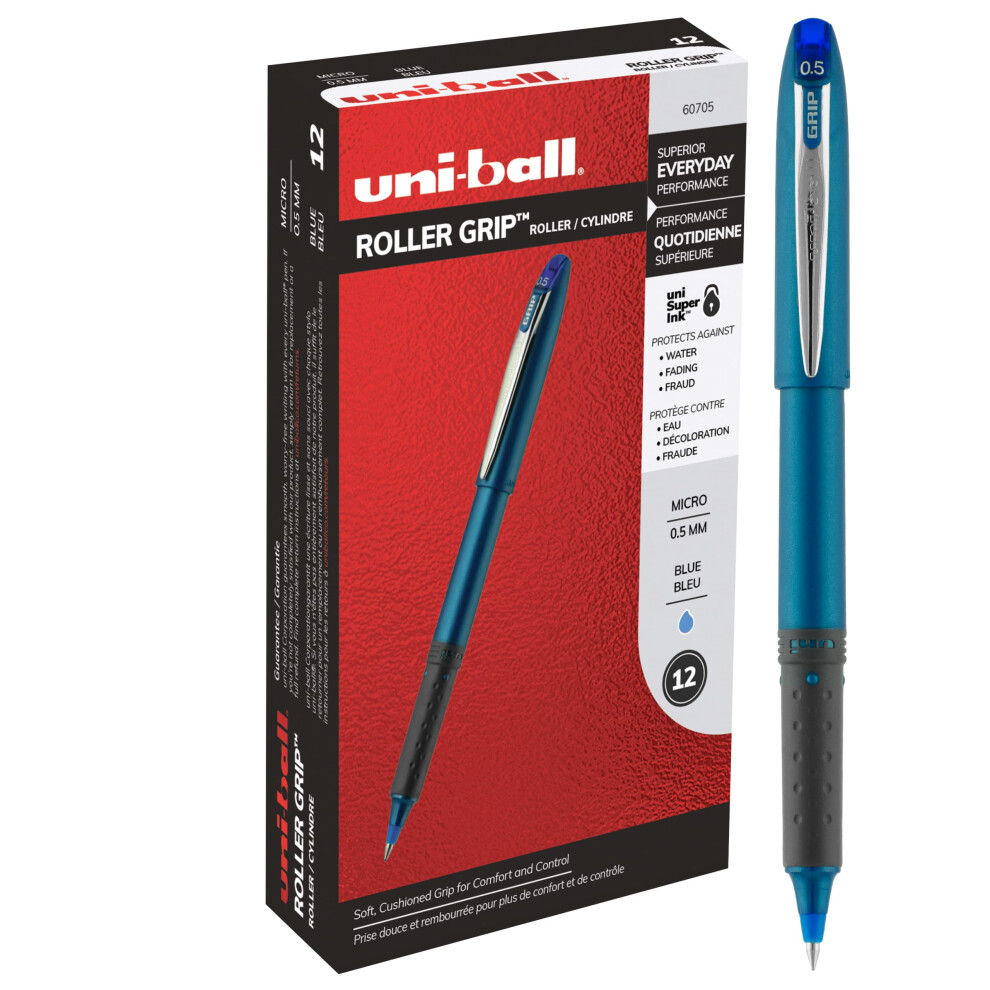 Uniball Roller Grip 12 Pack in Blue  0.5mm Micro Rollerball Pens