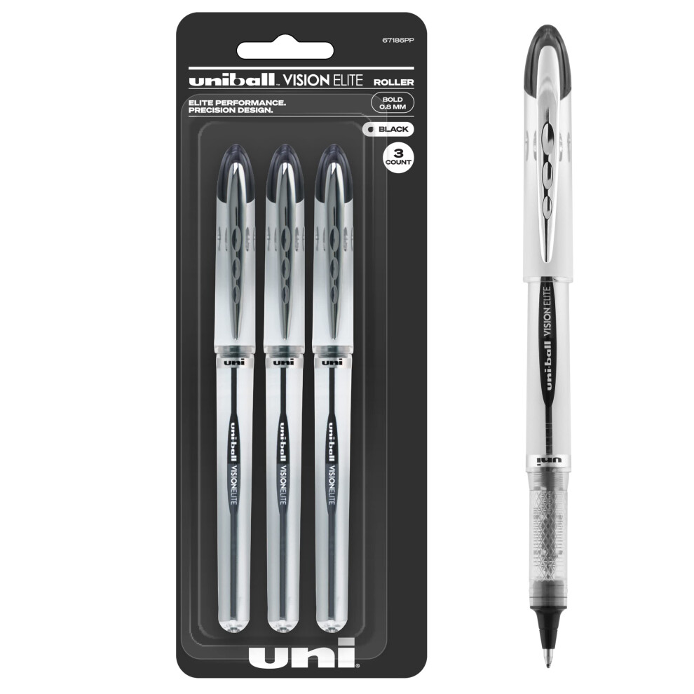 Uniball Vision Elite Rollerball Pens  Black Pens Pack of 3  Bold Pens with 0.8mm Ink  Ink Black Pen  Pens Fine Point Smooth Writing Pens  Bu