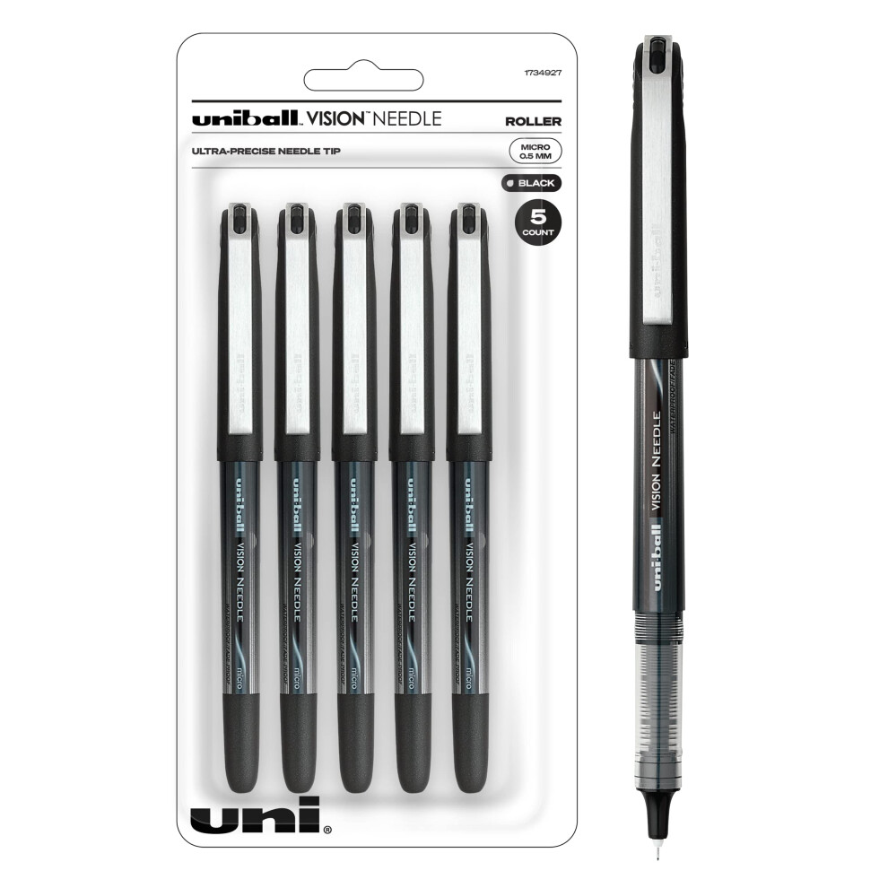 Uniball Vision Needle Rollerball Pens  Black Pens Pack of 5  Micro Pens with 0.5mm Ink  Ink Black Pen  Pens Fine Point Smooth Writing Pens