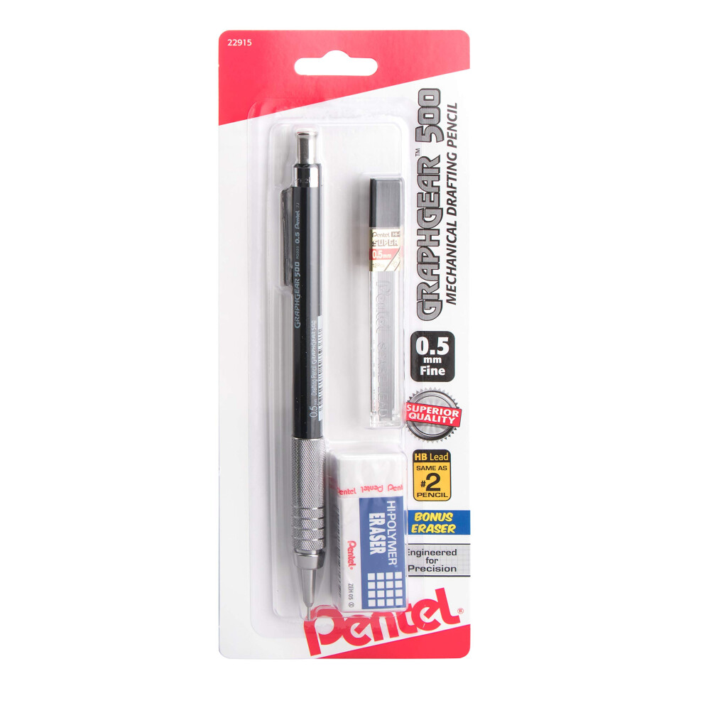 Pentel GraphGear 500 Mechanical Drafting Pencil  (0.5mm)  Fine Line  Refill Lead and Mini Eraser (PG525LEBP)