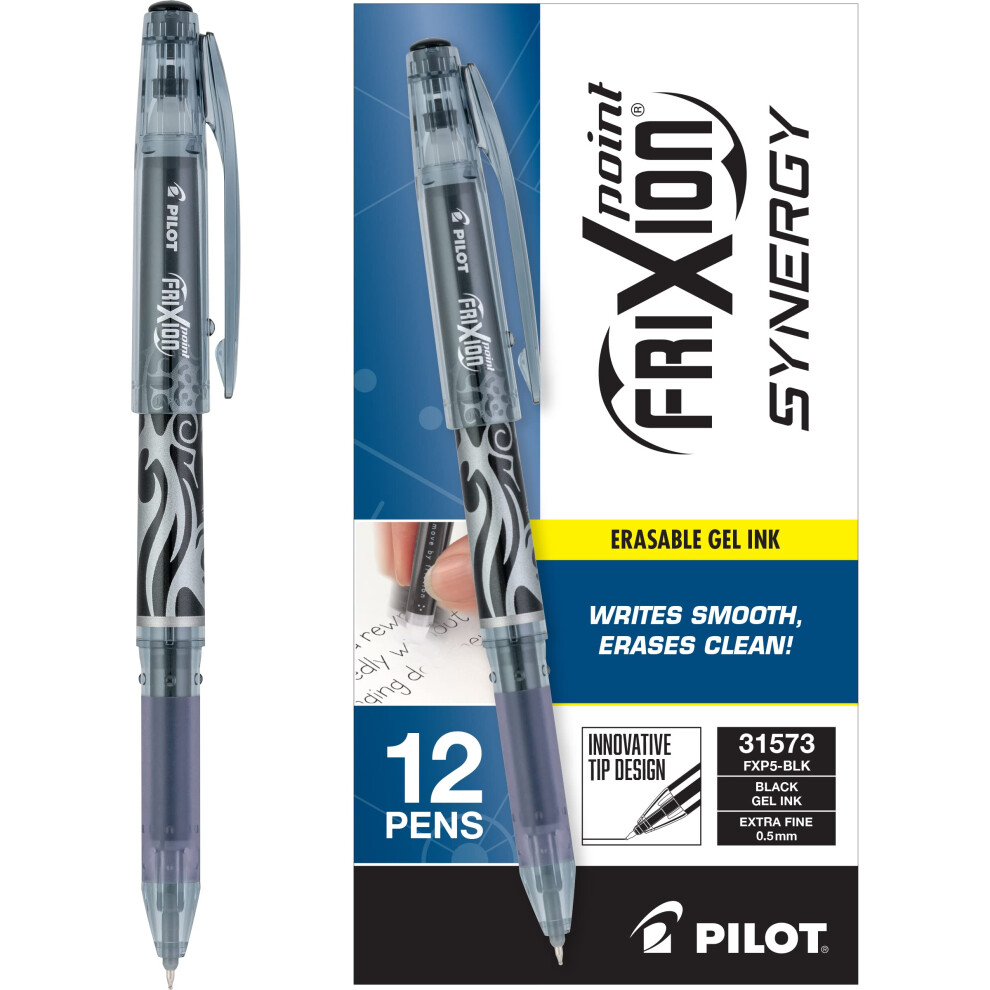 PILOT FriXion Point Synergy Capped Erasable & Refillable Gel Ink Stick Pens  Extra Fine Point  Black Ink  12-Pack (31573)